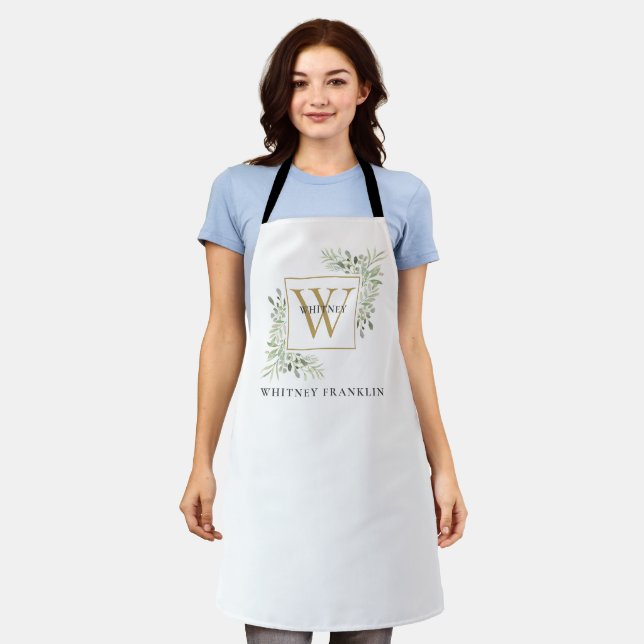 Modern Gold Monogram Greenery Eucalyptus Apron (Worn)