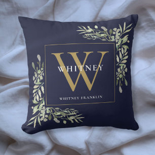 Modern Gold Monogram Greenery Navy Blue Throw Pillow