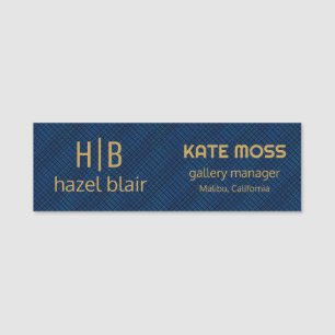 Modern Gold Monogram Logo Blue Squares Pattern Name Tag