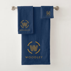 Modern Gold Monogram Logo Navy Blue Bath Towel Set