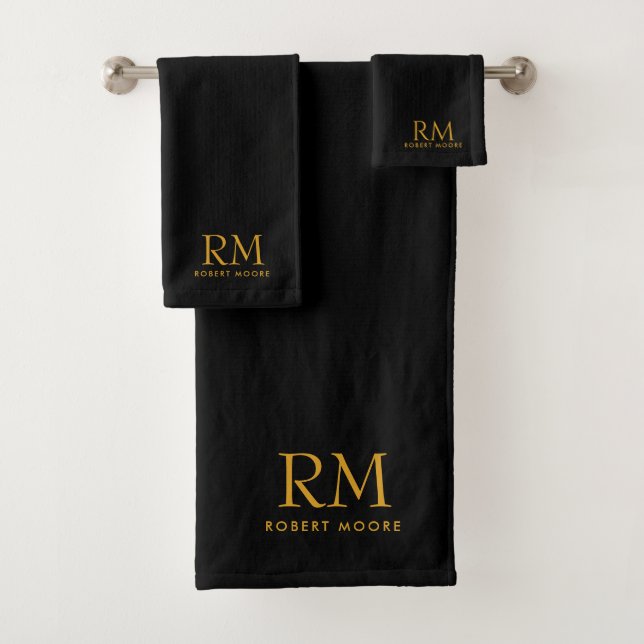 Modern Gold Monogram On Black Bath Towel Set (Insitu)