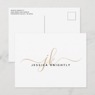 Modern Gold Monogram Script Initials Minimalist Postcard