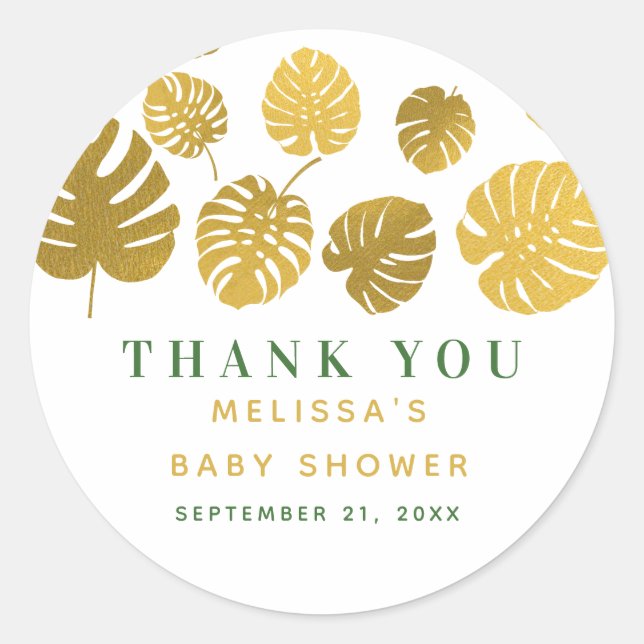 Modern Gold Monstera Leaves Baby Shower Classic Round Sticker (Front)