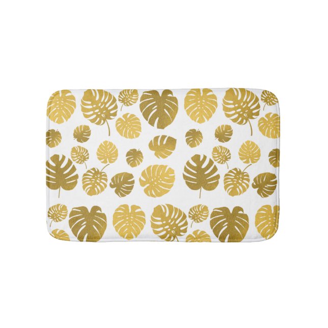 Modern Gold Monstera Tropical Leaves Pattern Bath Mat (Front)