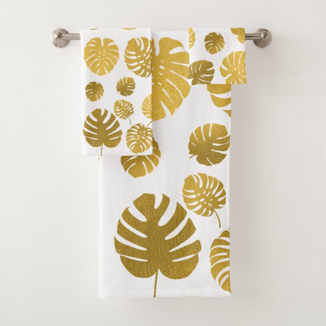 Modern Gold Monstera Tropical Leaves Pattern  Bath Towel Set (Insitu)