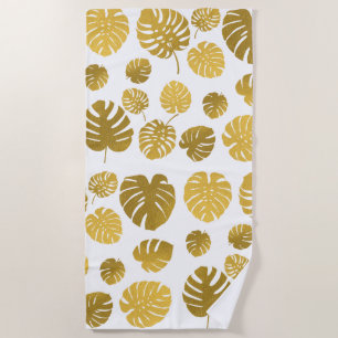 Modern Gold Monstera Tropical Leaves Pattern Beach Towel