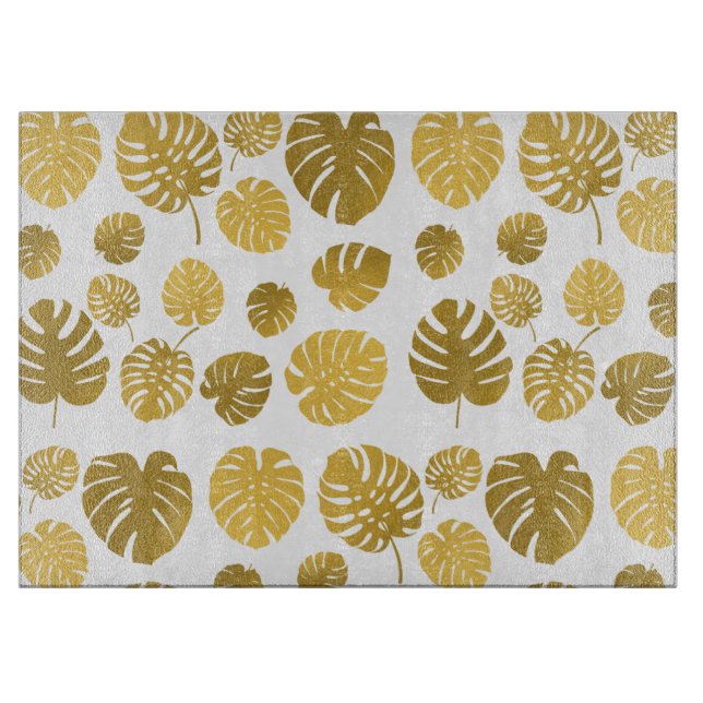 Modern Gold Monstera Tropical Leaves Pattern  Cutting Board (Front)