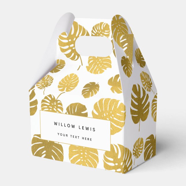 Modern Gold Monstera Tropical Leaves Pattern Favor Box (Front Side)