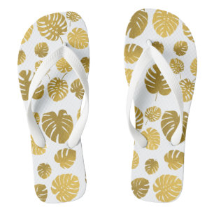 Modern Gold Monstera Tropical Leaves Pattern Flip Flops