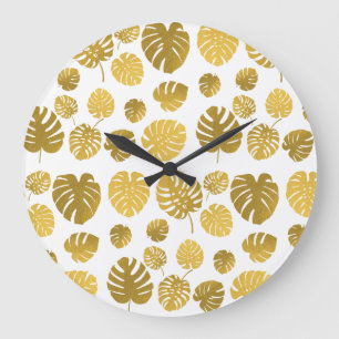 Modern Gold Monstera Tropical Leaves Pattern  Large Clock