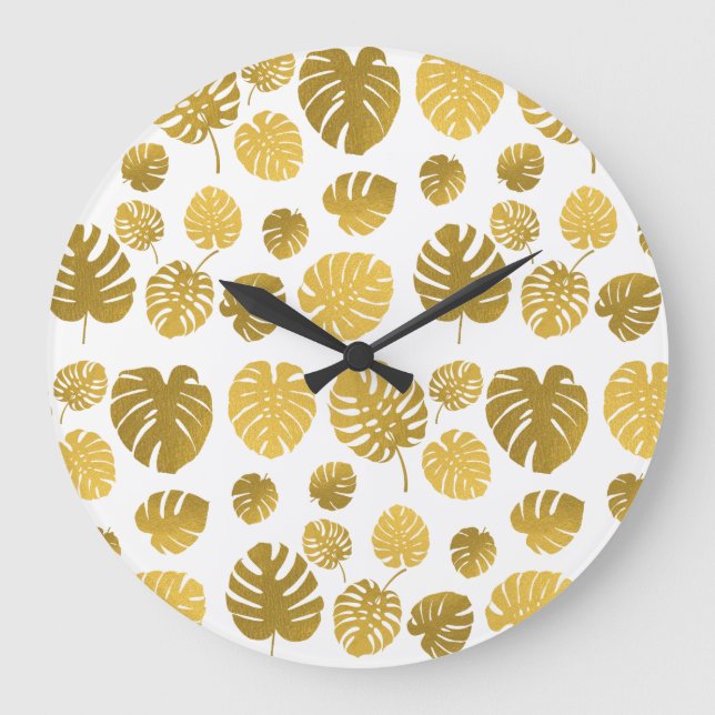 Modern Gold Monstera Tropical Leaves Pattern  Large Clock (Front)