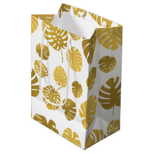 Modern Gold Monstera Tropical Leaves Pattern Medium Gift Bag