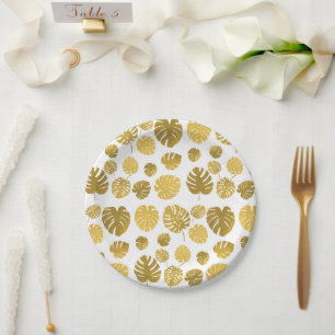 Modern Gold Monstera Tropical Leaves Pattern Paper Plate