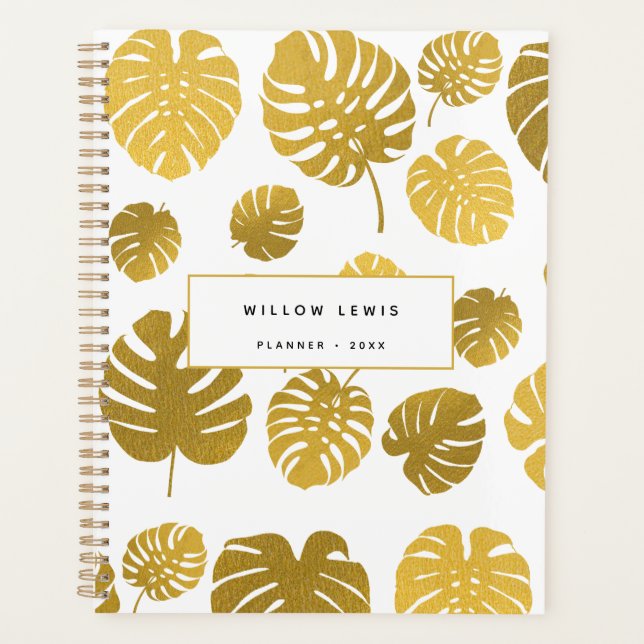 Modern Gold Monstera Tropical Leaves Pattern Planner (Front)