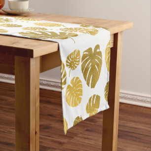Modern Gold Monstera Tropical Leaves Pattern Short Table Runner
