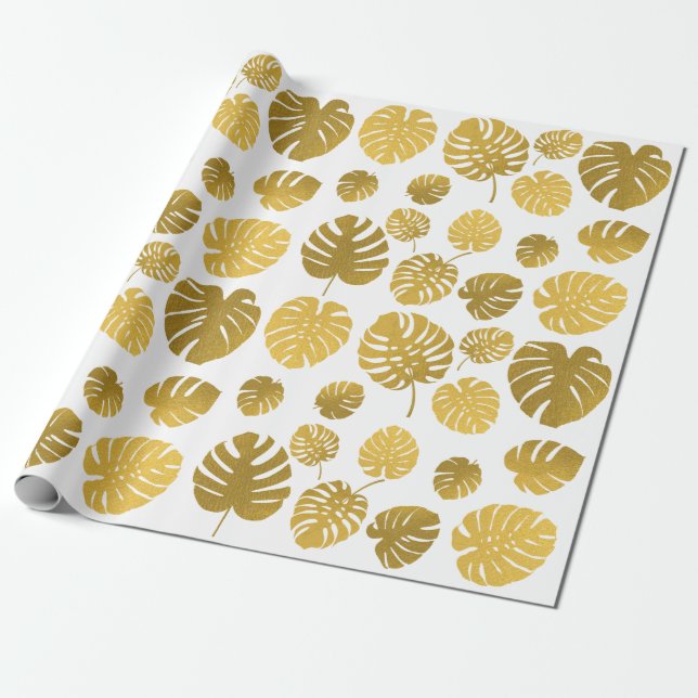 Modern Gold Monstera Tropical Leaves Pattern Wrapping Paper (Unrolled)