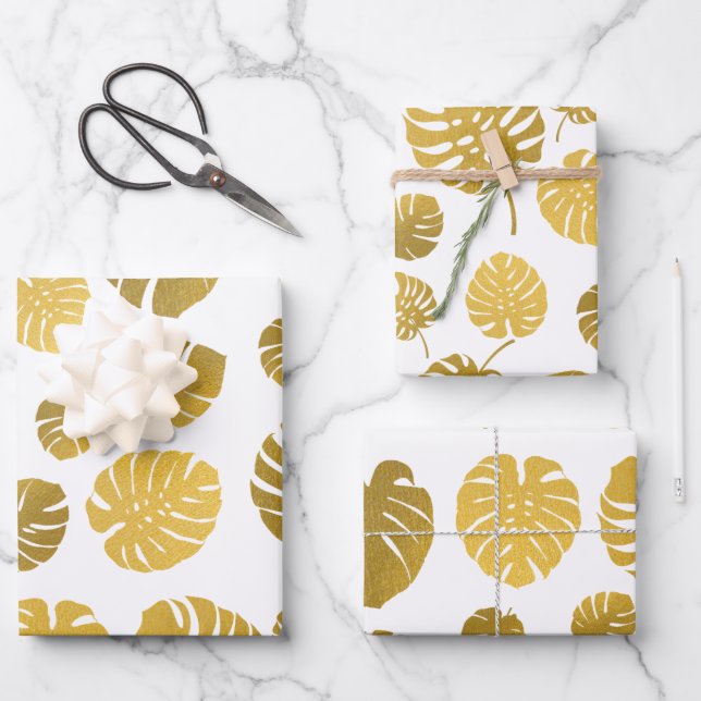Modern Gold Monstera Tropical Leaves Pattern Wrapping Paper Sheet (Front)