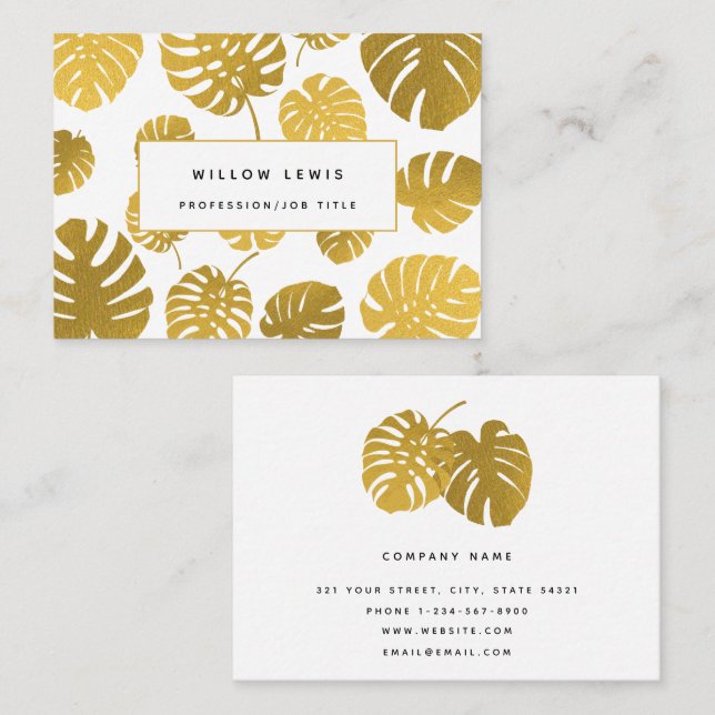 Modern Gold Monstera Tropical Leaves Professional Business Card (Front/Back)
