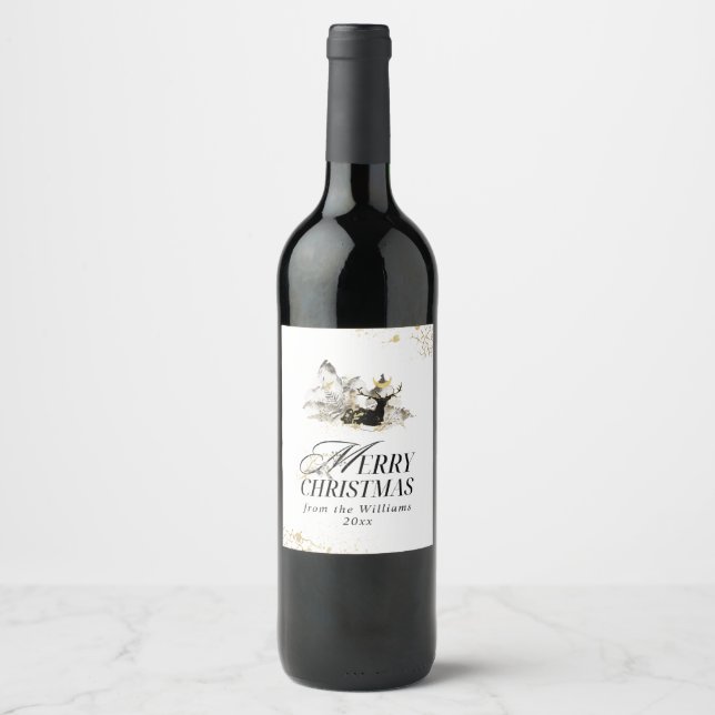 Modern Gold Moon Magic Forest Christmas Deer Wine Label (Front)
