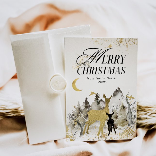 Modern Gold Moon Magic Forest Photo Christmas Holiday Card (Creator Uploaded)