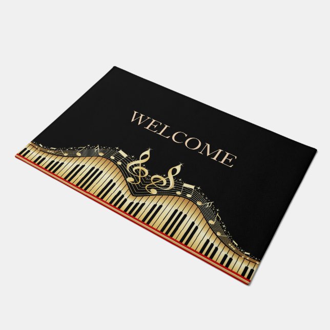 Modern Gold Music Note Over Black Background Doormat (Angled)