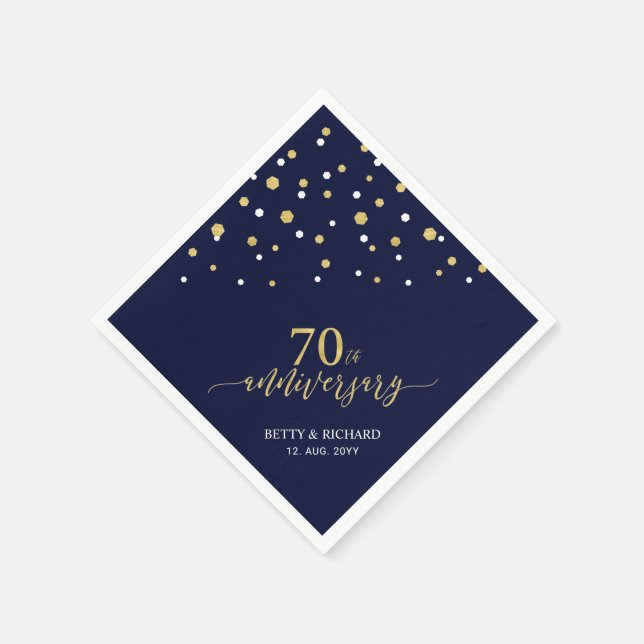 Modern Gold & Navy Blue 70th Anniversary Party Napkin (Corner)