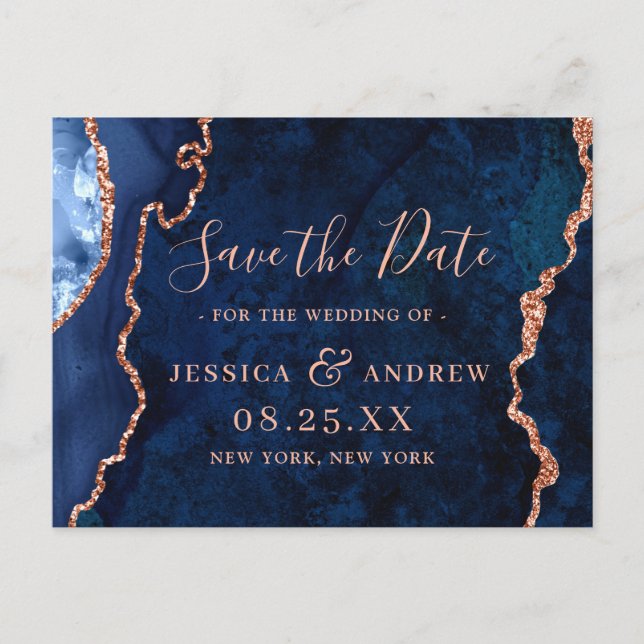 Modern Gold Navy Blue Agate Marble Save the Date Announcement Postcard (Front)