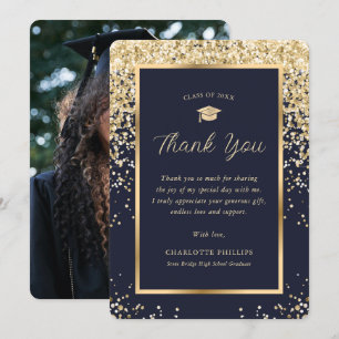 Modern Gold Navy Blue Elegant Photo Graduation Thank You Card