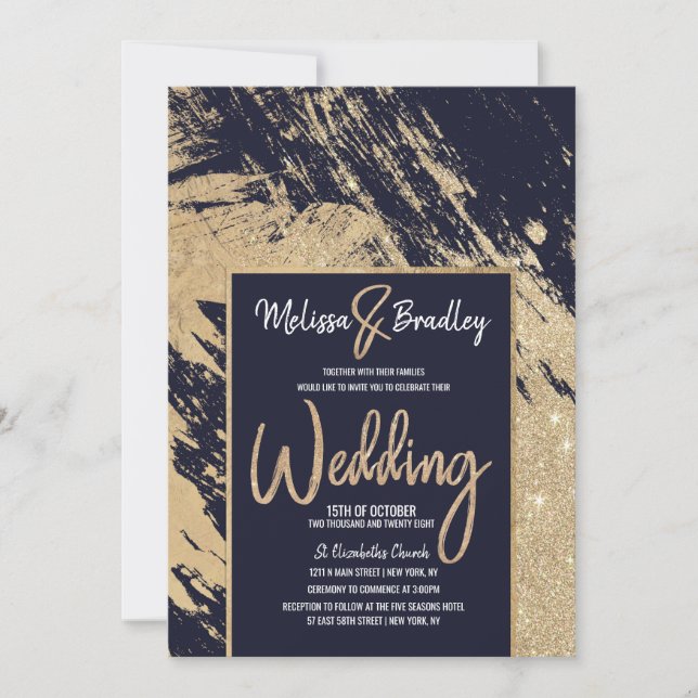 Modern Gold Navy Blue Glitter Brushstrokes Wedding Invitation (Front)