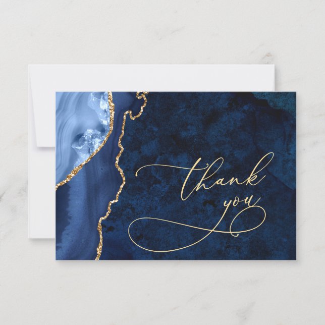 Modern Gold Navy Blue Marble Agate Thank You Card (Front)