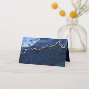 Modern Gold Navy Blue Marble Agate Wedding Table Place Card