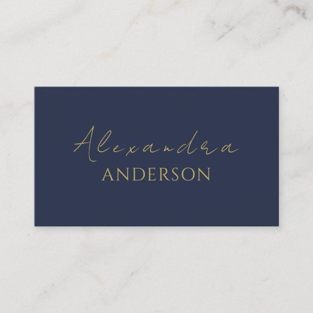 Modern Gold Navy Blue Minimalist Script Business Card (Front)