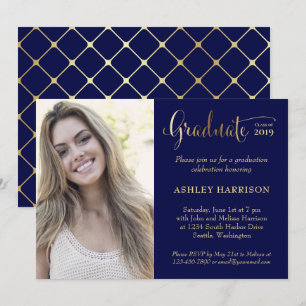 Modern Gold Navy Blue Photo Graduation Party Invitation