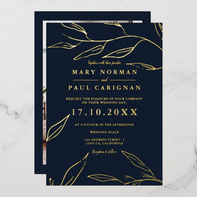 Modern gold navy leaf foliage simple chic wedding (Front/Back)