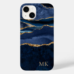 Modern Gold & Navy Marble Agate Monogram Case-Mate Case-Mate iPhone 14 Case