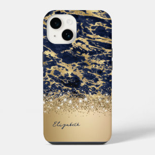 Modern Gold Navy Marble Faux Glitter Monogram iPhone 14 Case
