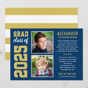 Modern Gold Navy Two Photo Graduation Party Invitation