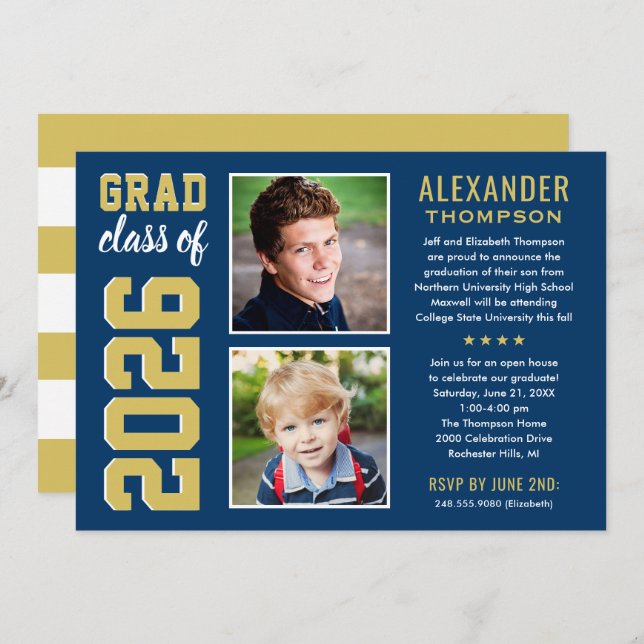 Modern Gold Navy Two Photo Graduation Party Invitation (Front/Back)