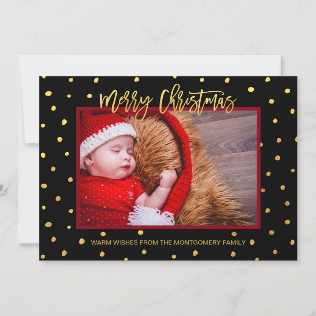 Modern Gold on Black Merry Christmas Custom Photo Holiday Card (Front)