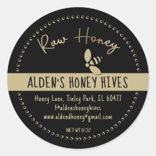 Modern Gold on Black Raw Honey Stylized Honeybee Classic Round Sticker