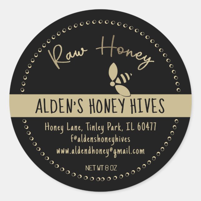 Modern Gold on Black Raw Honey Stylized Honeybee  Classic Round Sticker (Front)