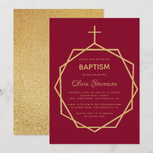 Modern Gold on Burgundy Red Geometric Girl Baptism Invitation