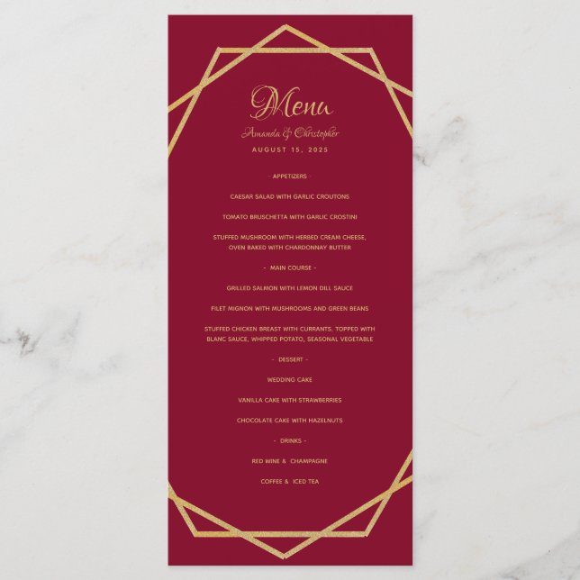 Modern Gold on Burgundy Red Geometric Wedding Menu (Front)