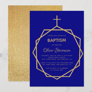 Modern Gold on Navy Blue Geometric Boy Baptism Invitation