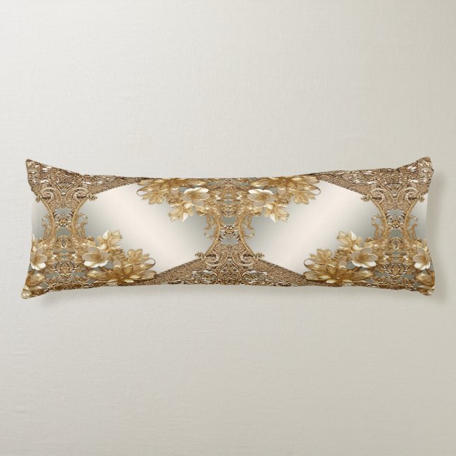 Modern Gold Ornate Floral Body Pillow (Front)