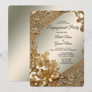 Modern Gold Ornate Floral Engagement Invitation