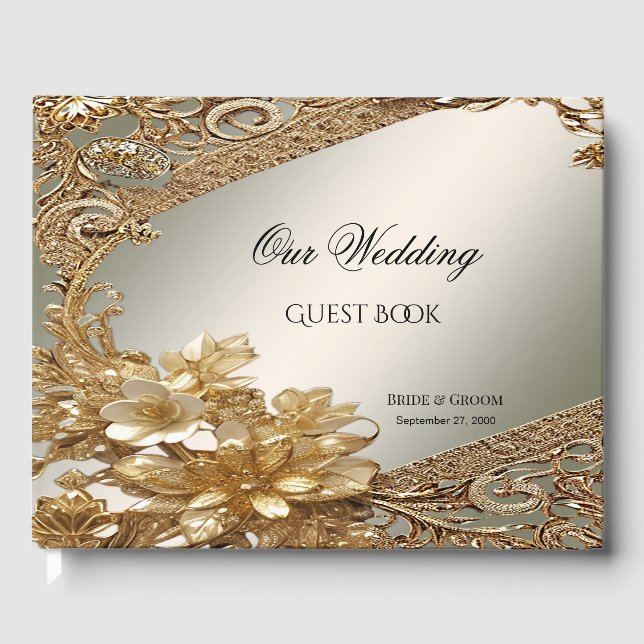 Modern Gold Ornate Floral Guest Book (Front)