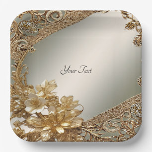 Modern Gold Ornate Floral Paper Plate