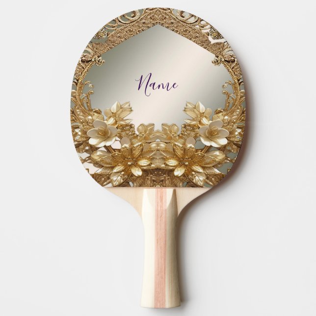 Modern Gold Ornate Floral Ping Pong Paddle (Front)