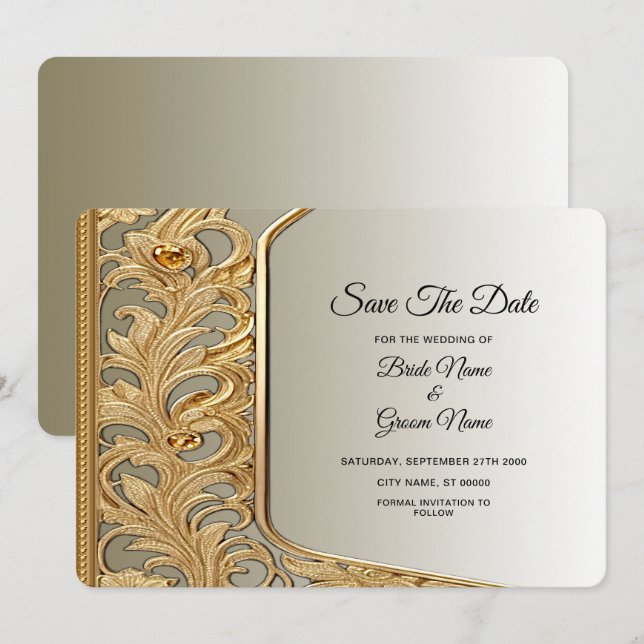 Modern Gold Ornate Save The Date (Front/Back)